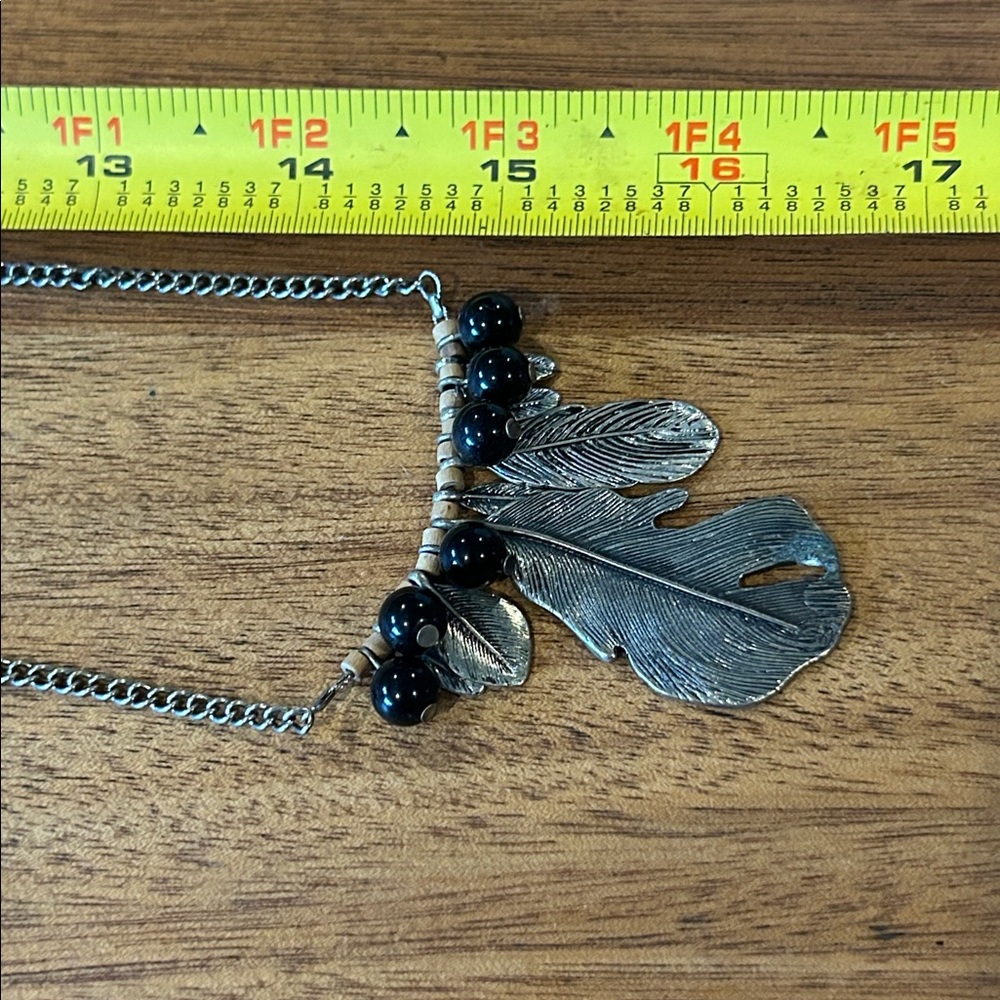 Boho Vintage Tribal Western Silver Feather Necklace with Black Beads - Picture 3 of 4